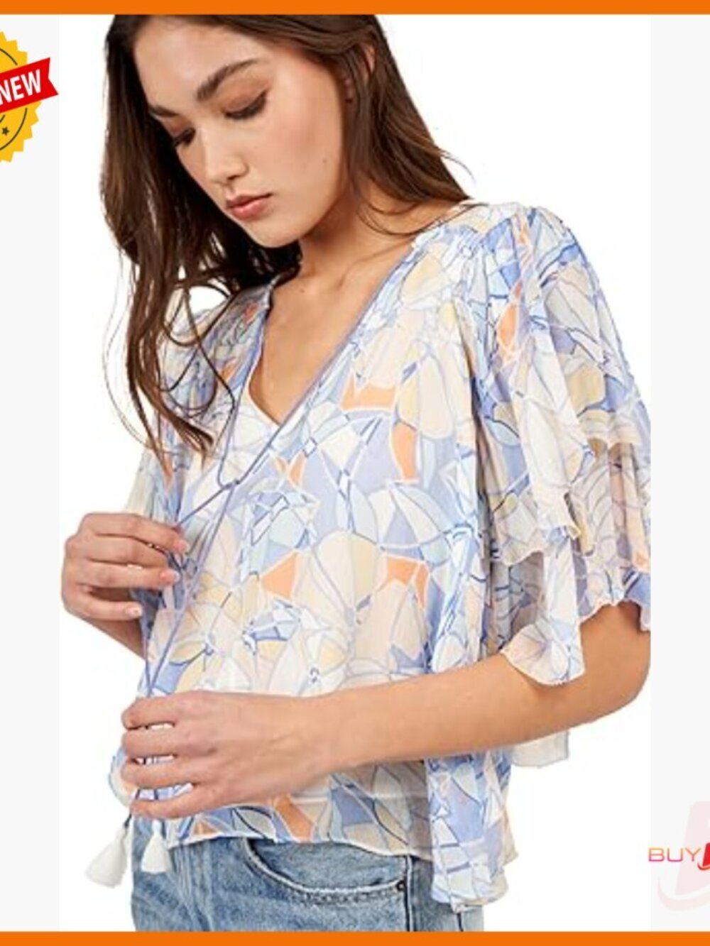 Flowy Viscose Blouse with Front Tie and Tassels, Short Sleeve